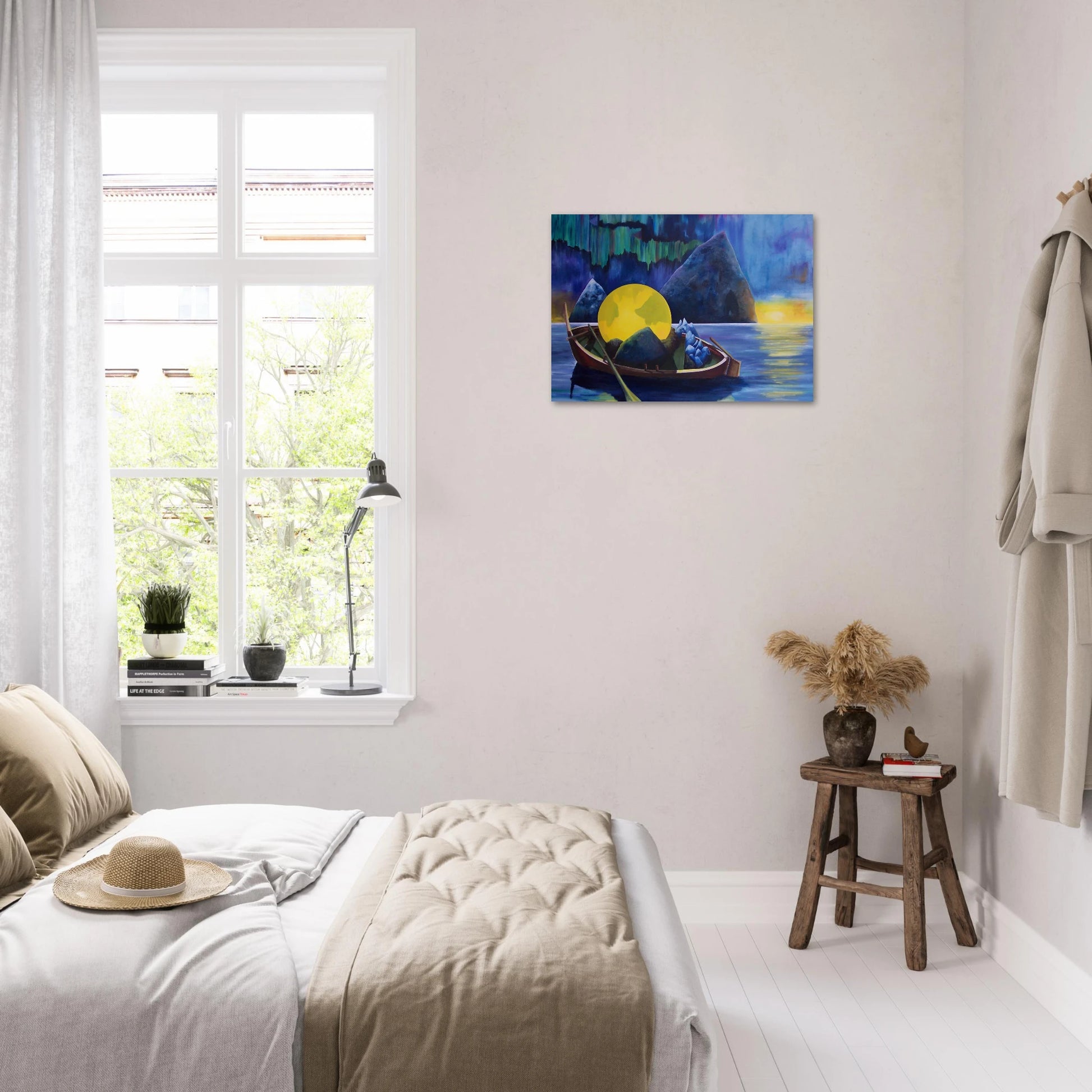 Minner kunsttrykk i soverom - arktisk maleri med båt og fjell i soverom
