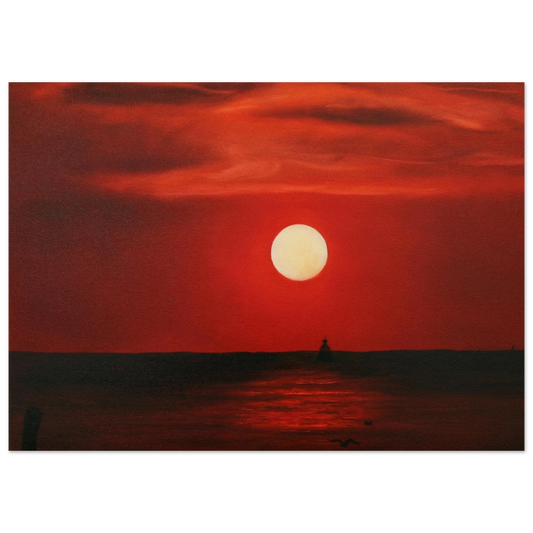 Blodrød solnedgang over fyr - Oljemaling med dramatisk rød himmel, fyrtårn i horisonten og speiling i havet