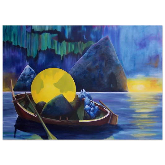Symbolsk oljemaleri med trebåt på speilblankt vann, midnattssol, nordlys og arktiske fjell fra Nord-Norge