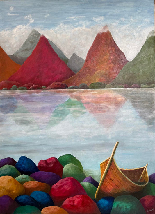 Båt på rullesteiner. Oljemaleri