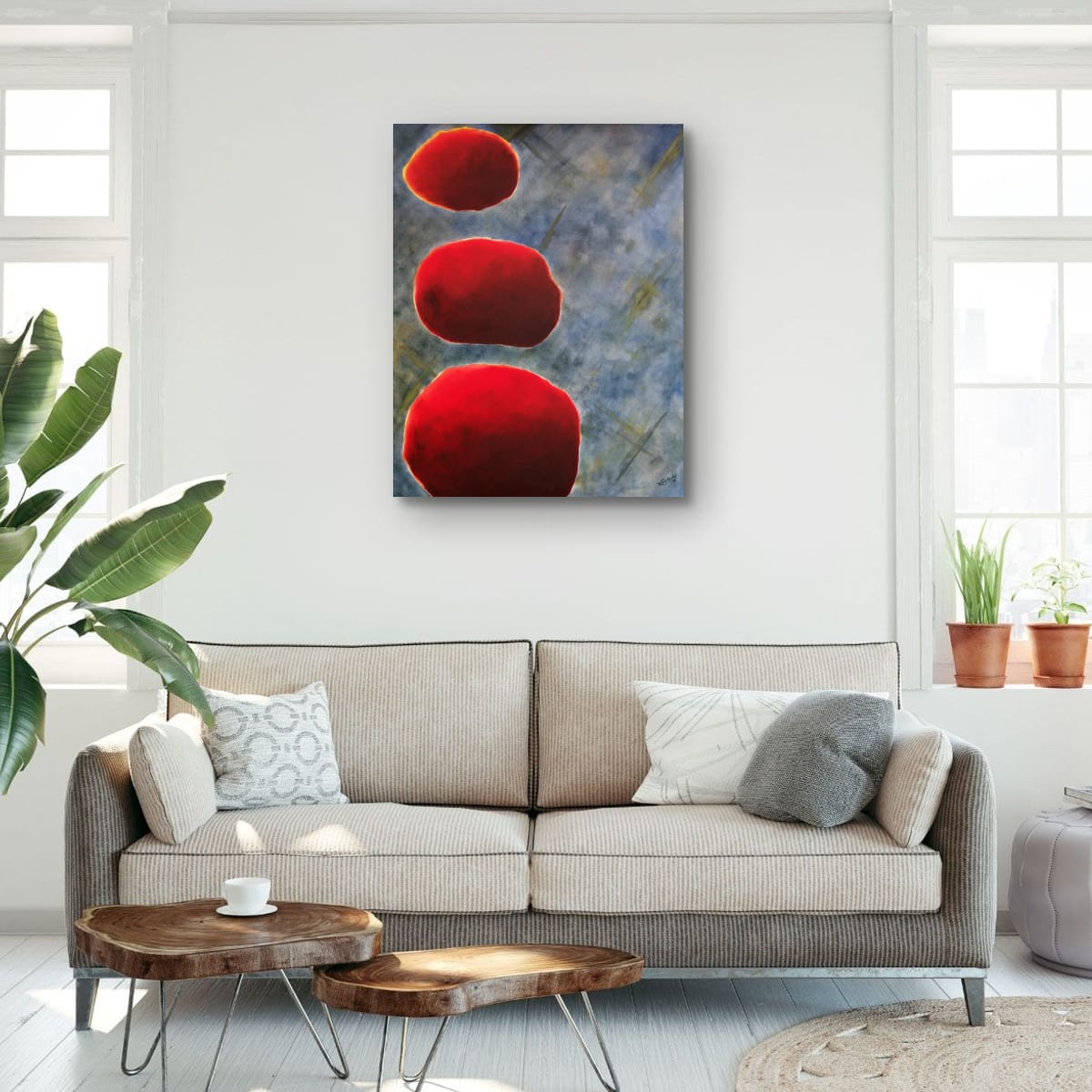 Maleriet "Tre elementer" 100x80 cm i lyst interiør