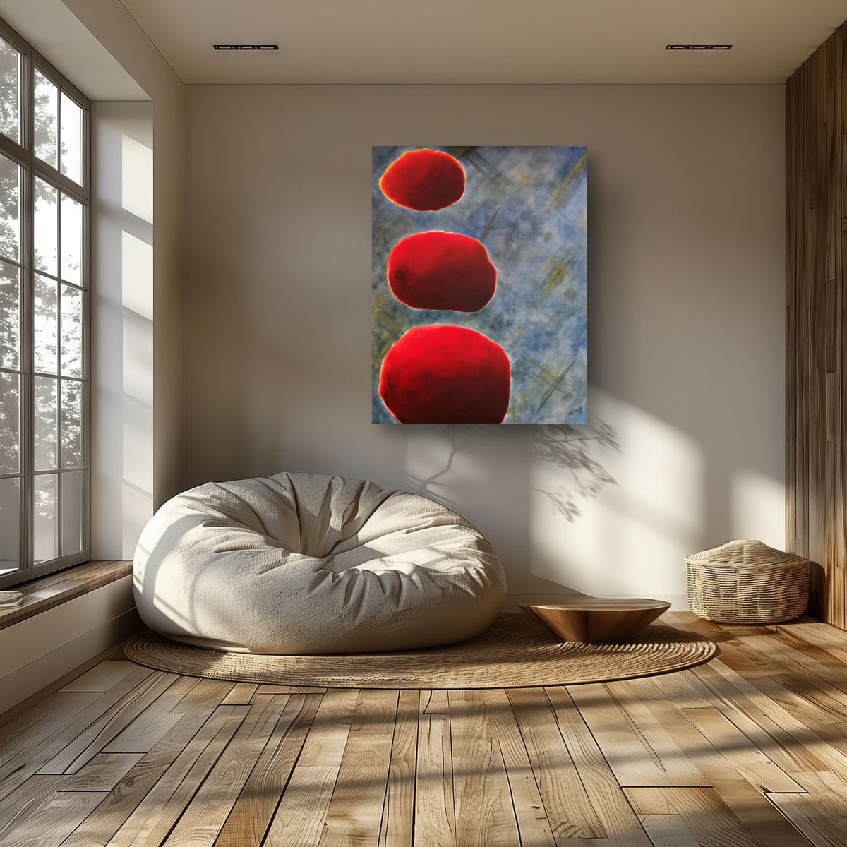 Maleriet "Tre elementer" 100x80 cm i SPA-omgivelser med sittepute på tregulv og lys vegg ved stort vindu