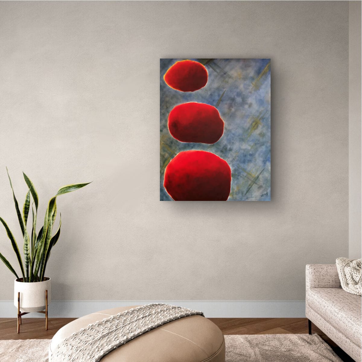 Maleriet "Tre elementer" 100x80 cm i lyst, enkelt stuemiljø 