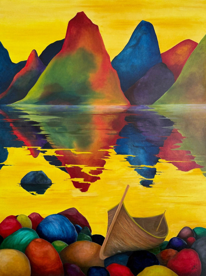 Båt på stranden – 160x120 cm, kystlandskap kulørte fjell og steiner og trebåt på stranden, i varme gule toner | ARTIGLIV