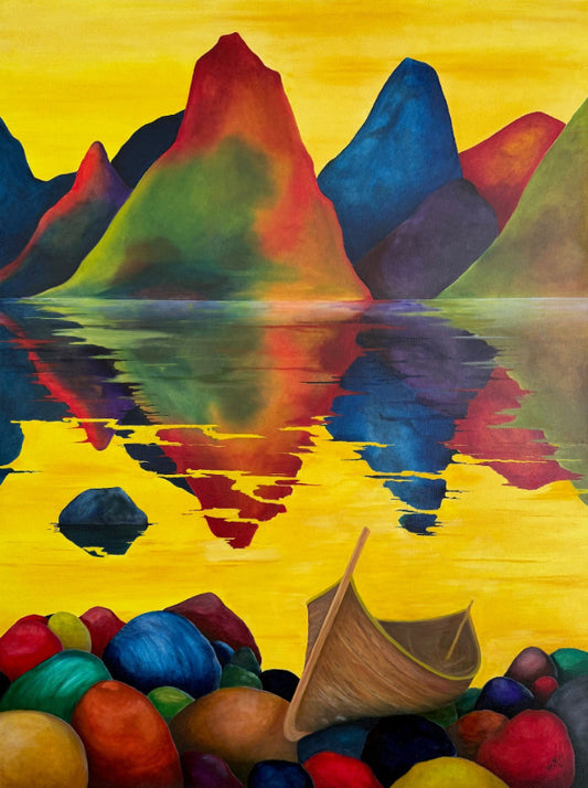 Båt på stranden – 160x120 cm, kystlandskap kulørte fjell og steiner og trebåt på stranden, i varme gule toner | ARTIGLIV