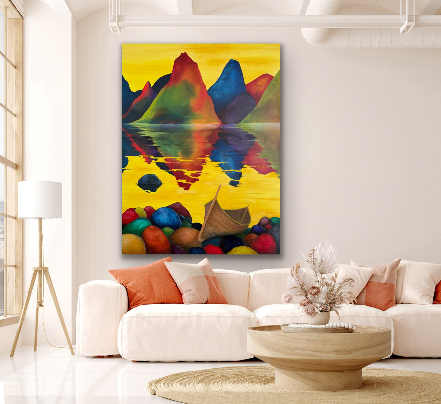 Båt på stranden – oljemaleri 160x120 cm i stue, lys vegg | ARTIGLIV