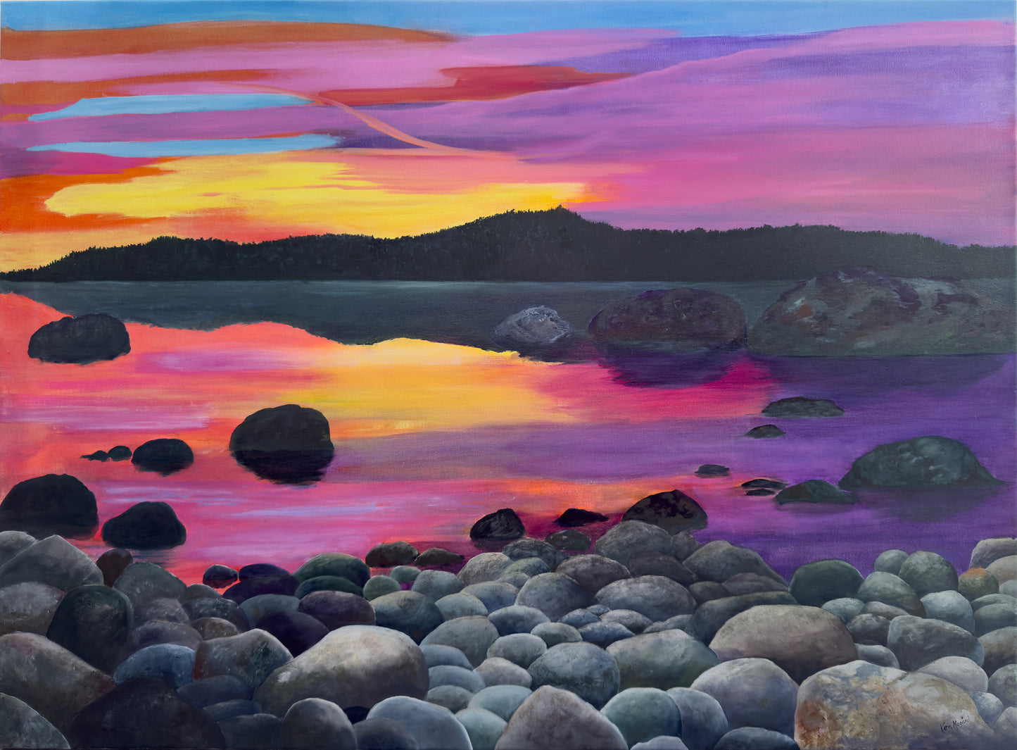 a quiet evening on the shore, lot of stones and the sunset light is mirrored on to the still water