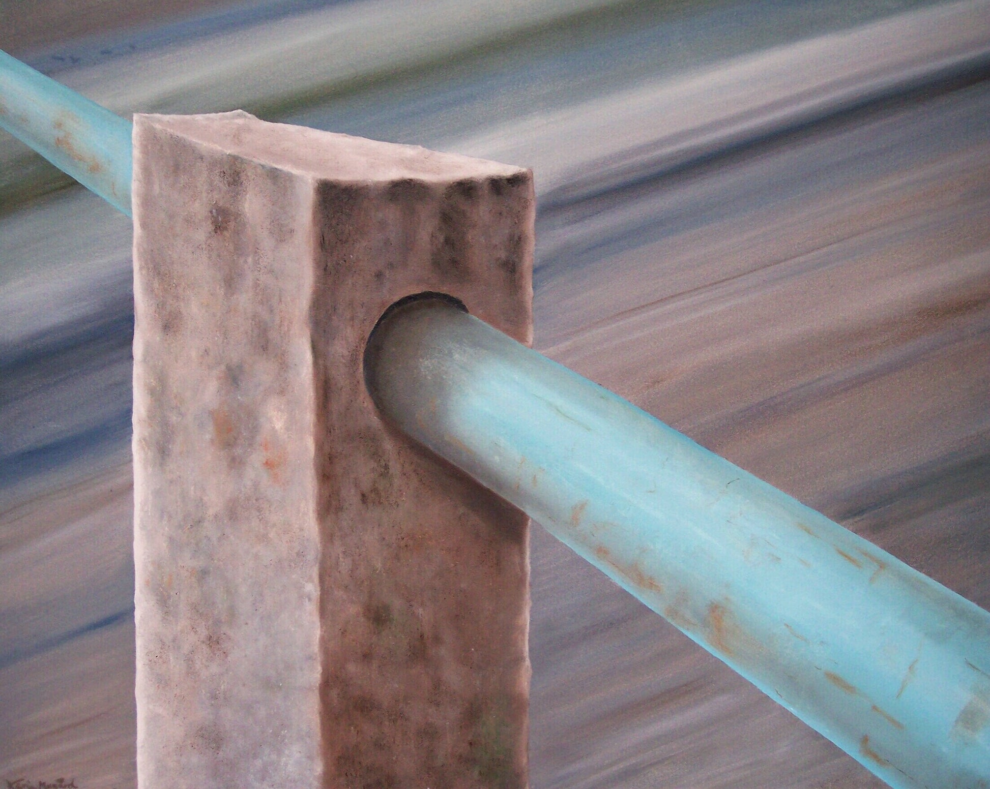 Oljemaleri 80x100 cm. Et betongelement med et turkisfarget glatt stålrør mot en blågrå bakgrunn