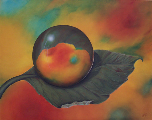 Maleriet viser en glasskule på grønt blad mot en bakgrunn med høstfarger