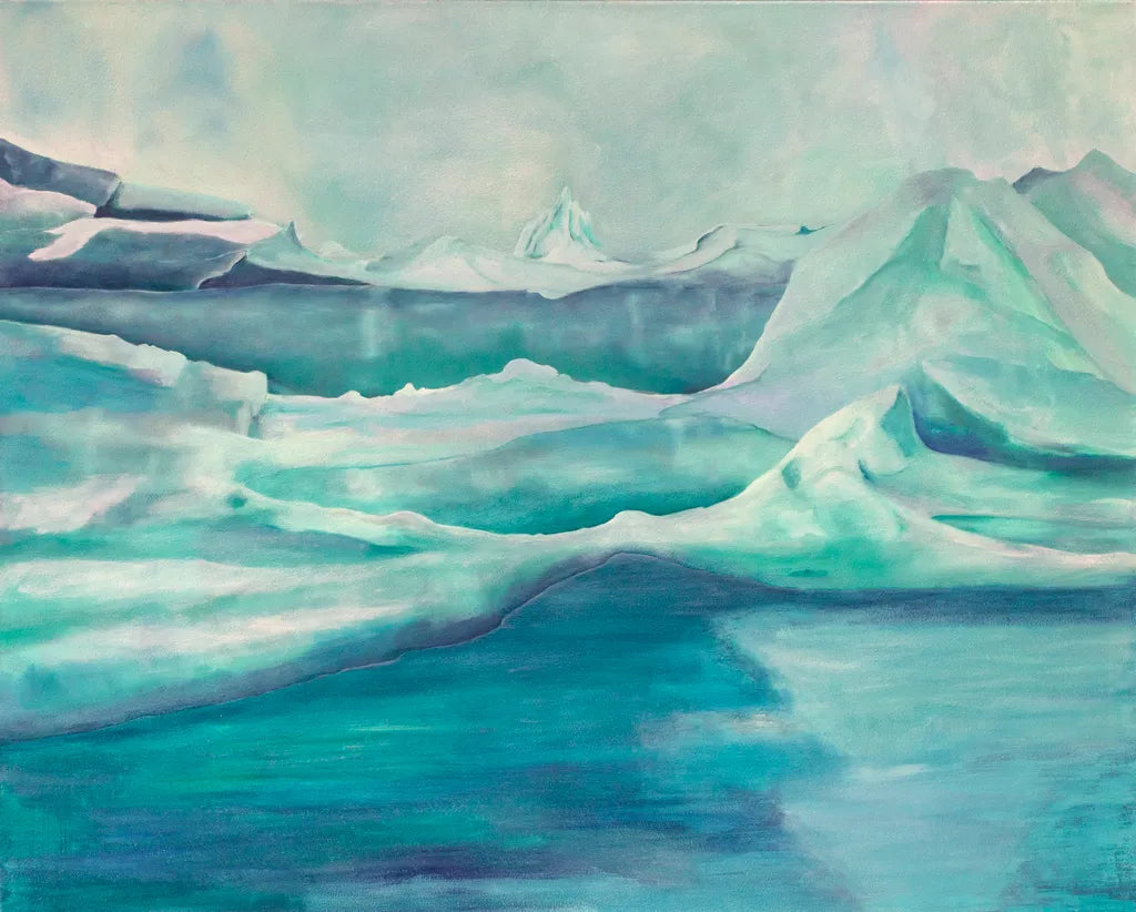 Oljemaleri på lerret. Islandskap med blågrønne toner, 80x100 cm.